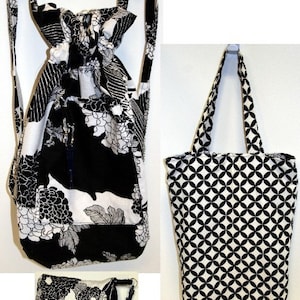 Puede incluir: Tres bolsas de tela en blanco y negro. Una es una mochila con cordón y estampado floral. Otra es un bolso tote con un diseño geométrico. La tercera es una pequeña bolsa con cremallera y llavero.