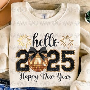 Happy New Year 2025 Png, Trendy New Years Eve Png, Black And Gold Sequins Glitter Faux Sparkly New Year Shirt Design Png, Hello 2025 Png