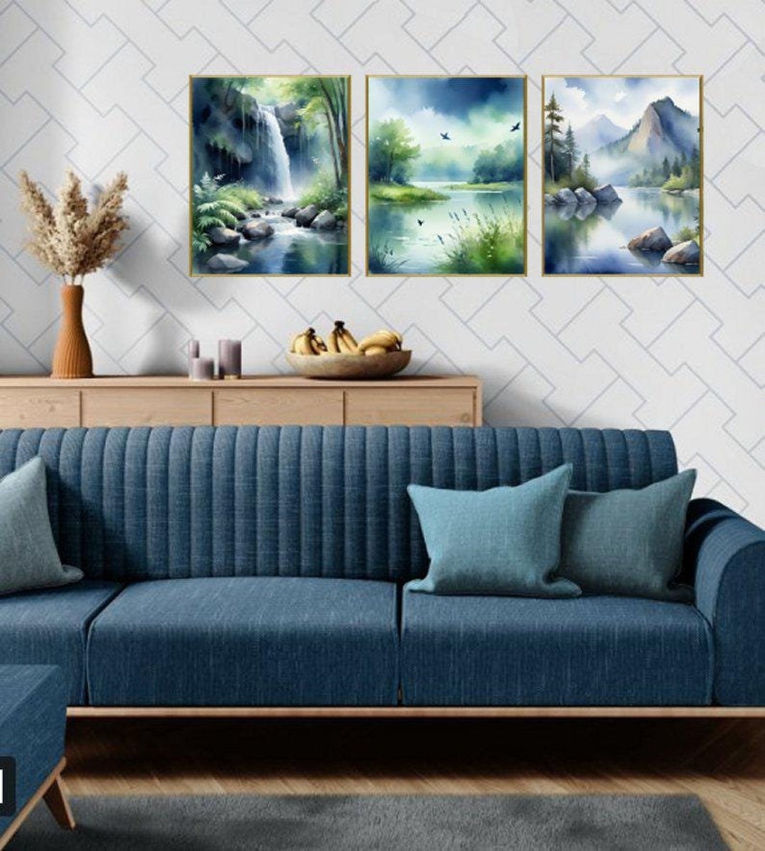 Watercolor Art Prints, Wall Decor, Set of 3 Posters, Blue Wall Decor