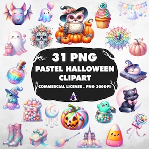 Zestaw pastelowych klipartów na Halloween: Straszne naklejki, POD, Natychmiastowe pobranie, Licencja komercyjna
