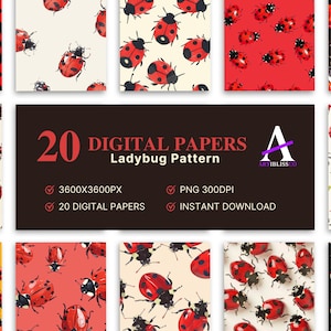 Pode incluir: Uma coleção de 20 papéis digitais com padrões de joaninhas. Os designs apresentam joaninhas vermelhas com manchas pretas em vários fundos, incluindo vermelho, creme e preto. A imagem inclui o texto "20 DIGITAL PAPERS Ladybug Pattern".