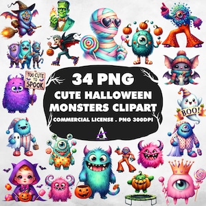Niedliches Halloween Monster Clipart Bundle, Halloween Clipart Bundle, Kawaii Monster PNG, sofortiger Download, kommerzielle Lizenz, Aufkleber, POD