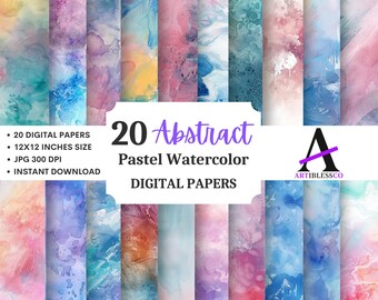 Digitaal pastelkleurige aquarelpapier: 20 abstracte achtergronden (commerciële licentie)