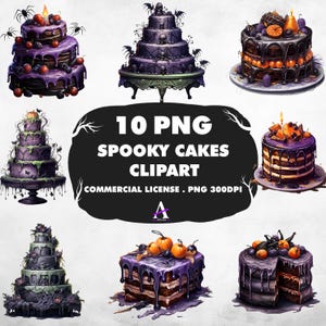 Spooky Cakes sublimatie clipartbundel, Halloween-dessert png-set, instant download, commerciële licentie, stickers, POD