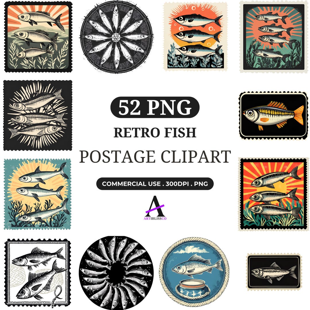 Retro Fish Icon Retro Fish Postage Clipart , Vintage Fish PNG Bundle , Instant Download ...