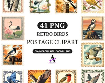 Retro Birds Stamps Clipart , Vintage Bird Stamp PNG , Instant Download , Commercial License , Sticker , POD