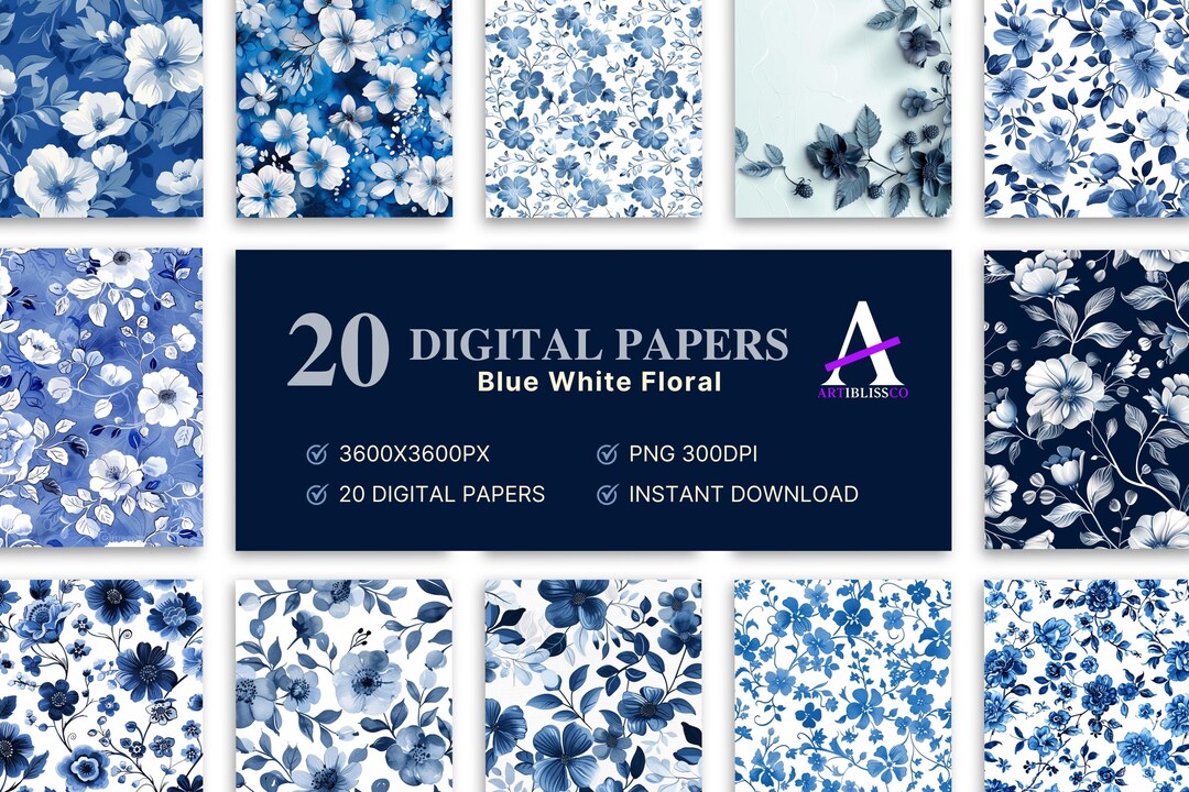 Blue White Floral Digital Paper Pack: 20 Elegant Flower Backgrounds for ...