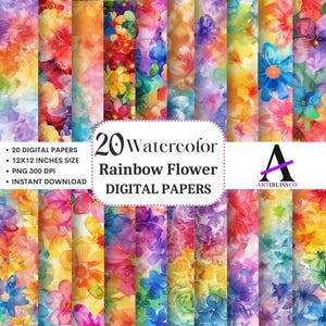 20 Watercolor Rainbow Flower Digital Papers - Rainbow Pattern bundle - Instant Digital Downloads - Backgrounds - Commercial use