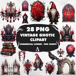 Vintage Gothic Decorations Clipart Bundle, Vintage Halloween Clipart, Instant Download, Commercial License, Stickers , POD