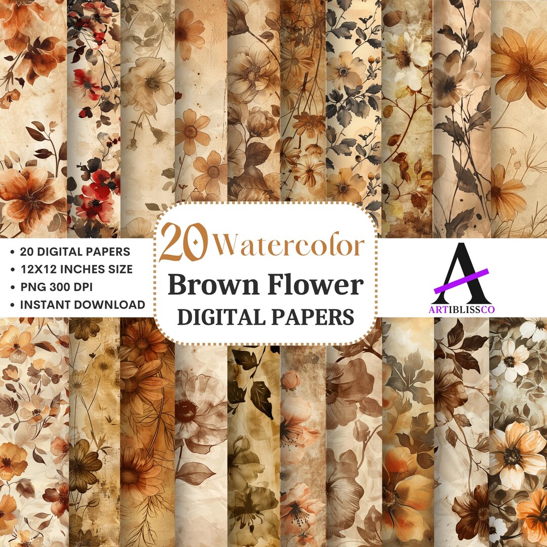 Vintage Floral Watercolor Paper: Brown Antique Backgrounds (commercial ...