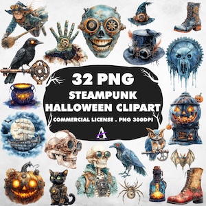 Steampunk Halloween Clipart Bundle: Spooky Vintage Graphics (Commercial License, Instant Download)