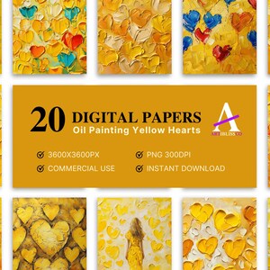 Olieverfschilderij gele harten digitale papieren, Valentijnsdag patroon, hart texturen, instant digitale downloads, liefde achtergronden