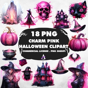Pink Halloween Clipart: Witch Hat & Pumpkin PNG, Commercial Use (Instant Download)