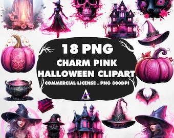 Pink Halloween Clipart: Witch Hat & Pumpkin PNG, Commercial Use (Instant Download)