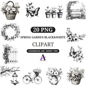 Spring Garden Black and White Clipart , Floral Garden Bundle PNG , Instant Download , Commercial License , Stickers , POD