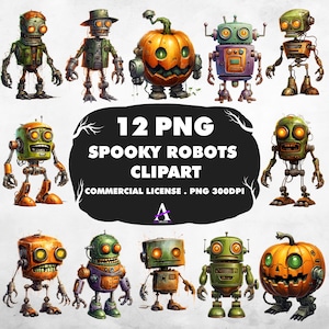 May include: A collection of 12 spooky robot clip art images. The robots are in various colors, including green, orange, and purple. Some robots have pumpkin heads. The text reads "12 PNG Spooky Robots Clipart, Commercial License, PNG 300DPI."