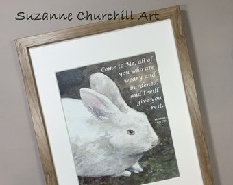 FINE ART PRINTS from My Original Watercolor of a White Bunny Rabbit with the Scripture from Matthew 11:28.  Print No. P2312