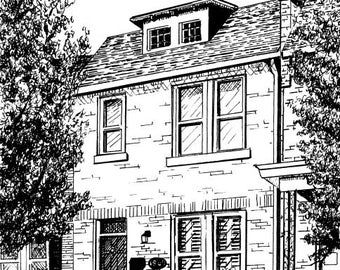 COMMISSIONED INK HOUSE Sketch, Hand Painted From Your Reference Photo. Historic Home Portrait. Keepsake. Gift Certificate Available