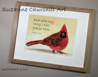 FINE ART PRINT of a Red Cardinal with the Scripture from Psalm 28:7.  Print of my original watercolor. No. P2202