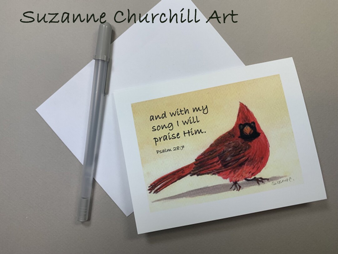 Red Cardinal Watercolor Note Cards, Psalm 28:7, Set of 5, Blank Inside ...