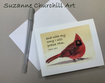 INSPIRATIONAL Fine Art NOTE CARD, From an Original Watercolor of a Red Cardinal with the Scripture from Psalm 28:7.  #2202