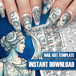 Plantillas de arte de uñas: Diosa griega antigua: Mitología celestial, calcomanías, hojas de práctica