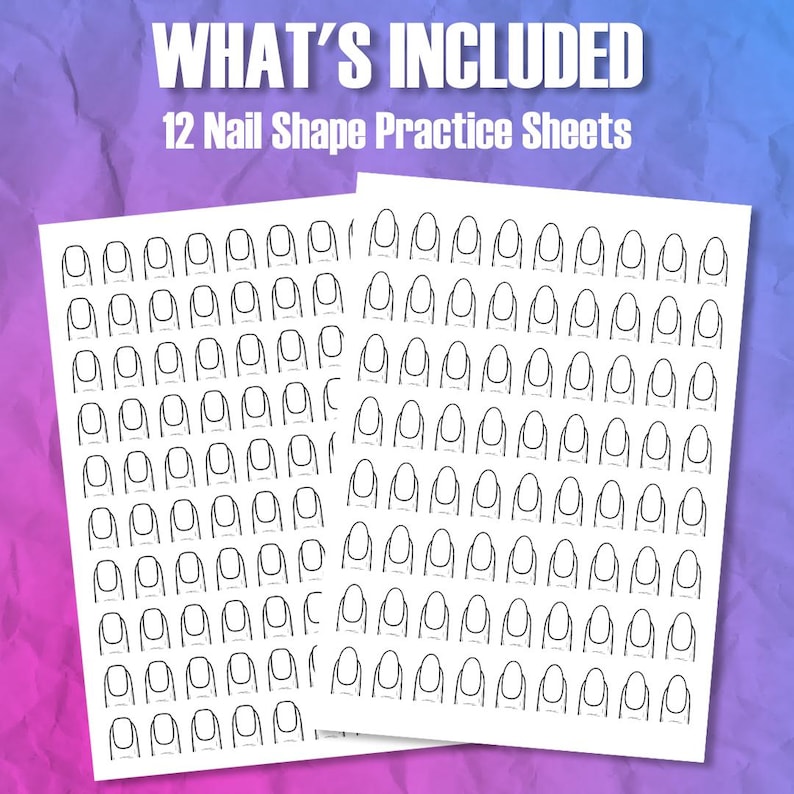 Peut inclure: Deux feuilles de papier blanches avec des rang&eacute;es de formes d'ongles pour l'entra&icirc;nement. Le texte "WHAT'S INCLUDED" et "12 Nail Shape Practice Sheets" sont en haut de l'image. Le fond est un d&eacute;grad&eacute; de violet et de rose.