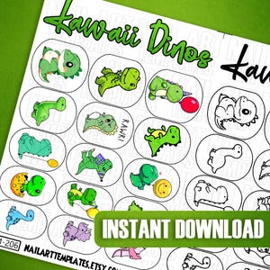 Kawaii Dinosaur Nail Art Template | Cute Dino Stickers | Nail Practice Sheet | Nail Art Decals | DIY Nail Design | Digital Nail Guide