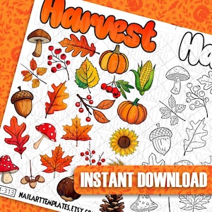 May include: A sheet with colorful autumn-themed illustrations, including pumpkins, leaves, mushrooms, and acorns. The word "Harvest" is written in orange, and the text "Instant Download" is in a rectangular orange banner. The illustrations are in a mix of color and line art.