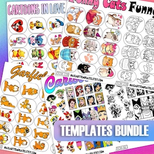 Cartoon Nail Art Templates Bundle | Digital Nail Decals | Cute Cats, Comic Characters, Love Themes | DIY Practice Sheets for Nail Artists