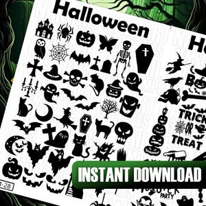 May include: A black and white digital download sheet of Halloween themed clipart. The sheet includes images of bats, ghosts, pumpkins, spiders, and more.
