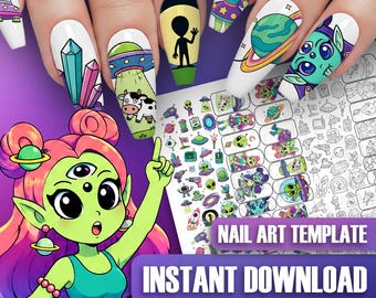 Alien Space Nail Art Template: Galaxy Decals Sticker Nail Practice Sheet