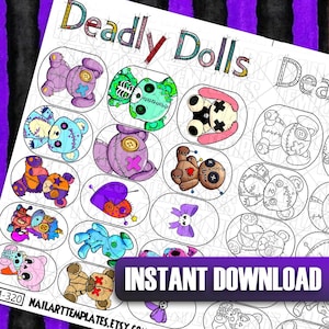 Peut inclure: Planche de modèles d'art d'ongles avec divers motifs d'ours en peluche de dessins animés. Les ours sont de différentes couleurs, dont le violet, le bleu et le marron, avec des détails cousus et des patchs en forme de croix. Le texte "Deadly Dolls" et "Instant Download" sont visibles.