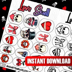 May include: A set of 20 nail art decals featuring a variety of designs with skulls, hearts, bows, and flowers. The decals are white with black outlines and are perfect for adding a touch of whimsy to your nails. The text "Love Skull" is featured at the top of the image.