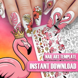 May include: White nail art with pink flamingo, tropical leaf, and flower designs. The nails feature a variety of patterns, including a flamingo with a gold crown, hibiscus flowers, and a peacock feather. The image also includes a nail art template with the text "NAIL ART TEMPLATE" and "INSTANT DOWNLOAD".