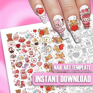 Könnte beinhalten: Ein Bogen mit Nagelkunstvorlagen mit Designs zum Valentinstag. Die Designs umfassen Teddybären, Herzen, Kuchen und den Text "NAIL ART TEMPLATE" und "INSTANT DOWNLOAD". Das Bild zeigt auch eine Hand mit dekorierten Nägeln.