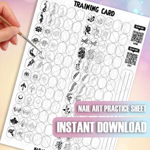 May include: A black and white nail art practice sheet featuring diverse designs like flowers, feathers, and geometric patterns. The sheet is labelled "TRAINING CARD" and "NAIL ART PRACTICE SHEET" with "INSTANT DOWNLOAD" text. A hand holds a paintbrush.