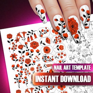 May include: Nail art templates with red and black floral designs, including roses and lilies. The designs are on a white background. Text reads "NAIL ART TEMPLATE" and "INSTANT DOWNLOAD".