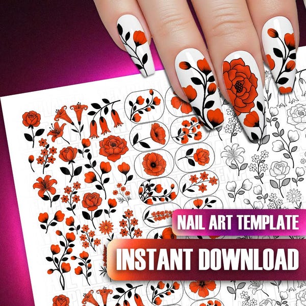 Floral Nail Art Templates: Red Flower Practice Sheets & Nail Decal Designs