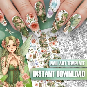 Può includere: Modello di nail art con illustrazioni di fate con capelli verdi, accenti floreali e un design a cristallo. Le unghie sono dipinte con una base bianca e opere d'arte dettagliate. Le parole "NAIL ART TEMPLATE" e "INSTANT DOWNLOAD" sono visibili.