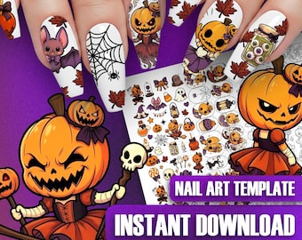 Halloween Nail Art Template: Spooky Decals, Autumn Nail Sticker, Pumpkin Gothic Practice Sheet