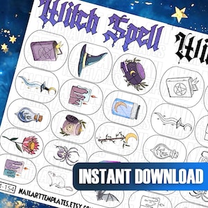 May include: A printable sheet of witch spell themed nail art stickers. The sheet features 20 different designs, including a cauldron, a witch's hat, a potion bottle, a spider, a crescent moon, and a book with a pentagram. The sheet is labeled "Witch Spell" and "Instant Download".
