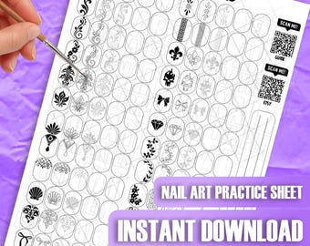 May include: A white nail art training card with various design templates. The card includes the text "TRAINING CARD", "NAIL ART PRACTICE SHEET", and "INSTANT DOWNLOAD". A hand holds a brush, applying detail to a nail design. QR codes are also present.