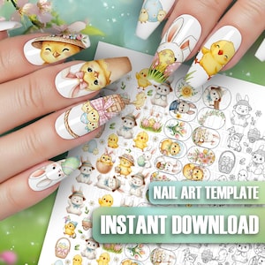 Puede incluir: Plantillas de arte de uñas con temática de Pascua con conejitos, pollitos y huevos de Pascua. Los diseños son en colores pastel e incluyen el texto "NAIL ART TEMPLATE" y "INSTANT DOWNLOAD".