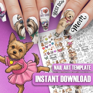 以下が含まれることがあります： 犬をテーマにしたデザインの白いネイルアート。爪には犬のイラスト、「I MY DOG」、「BEST DOG」、「Mom」の文字が描かれています。犬の画像と「NAIL ART TEMPLATE」と「INSTANT DOWNLOAD」の文字が入ったネイルアートテンプレートのシートも表示されています。