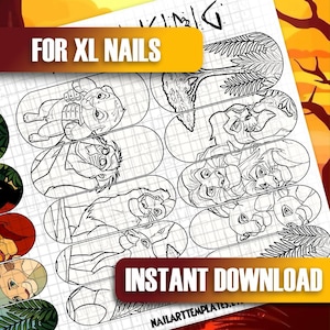 Printable XL Nail Art Guide | Jungle Animal Character Decals | Safari Cartoon Design Sheets | Nail Practice Template | Nail Art Templates