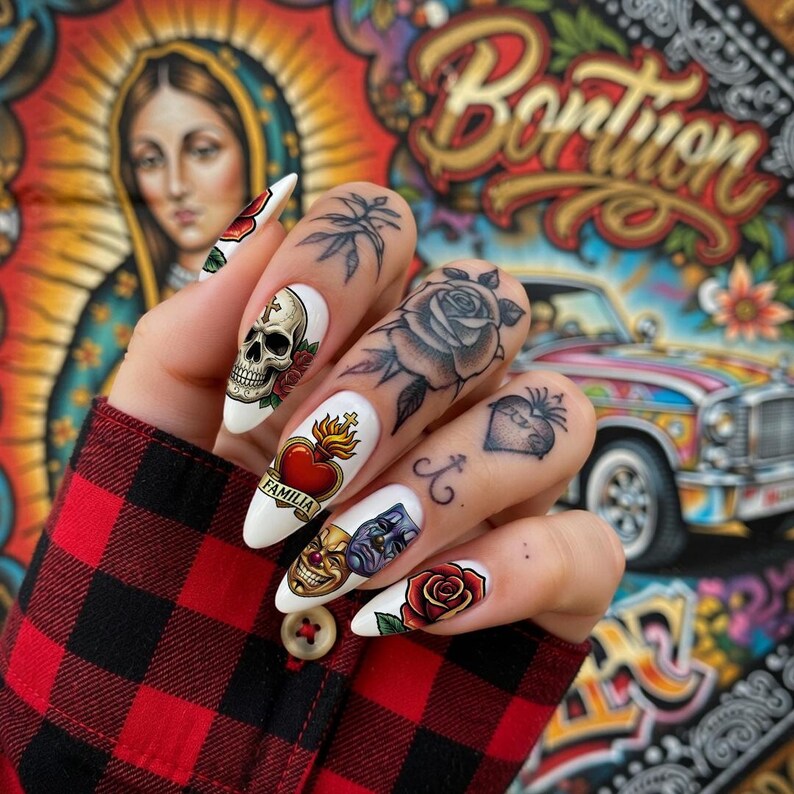 Nail Art Template Decals Stickers: Chicano Gothic Skull Rose Tattoo ...