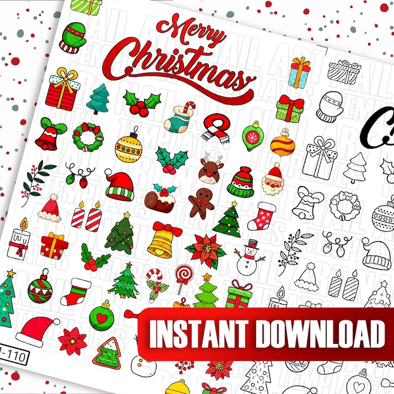 K&ouml;nnte beinhalten: Ein druckbares Blatt mit weihnachtlichen Motiven, darunter Ornamente, Kr&auml;nze, Glocken, Zuckerstangen und ein Schneemann. Das Blatt tr&auml;gt den Titel "Frohe Weihnachten" und enth&auml;lt den Text "Sofort-Download".