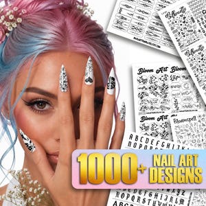Könnte beinhalten: Eine Sammlung von Nailart-Designbögen mit schwarz-weißen Blumen-, Silhouetten- und Alphabetmustern. Die Bögen enthalten Textbeschriftungen wie Silhouette, Bloom Art und Bloomspell sowie eine grafische Einblendung mit 1000+ Nail Art Designs.