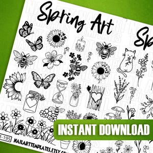 May include: Black and white line art nail art designs featuring spring themes such as flowers, butterflies, bees, hearts, and a cat. The text "Spring Art" and "Instant Download" are also included in the image.